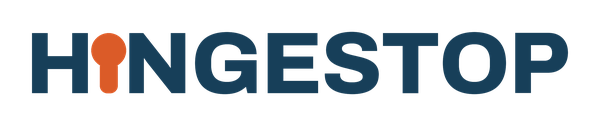 HingeStop logo — primary navy wordmark with orange hinge pin